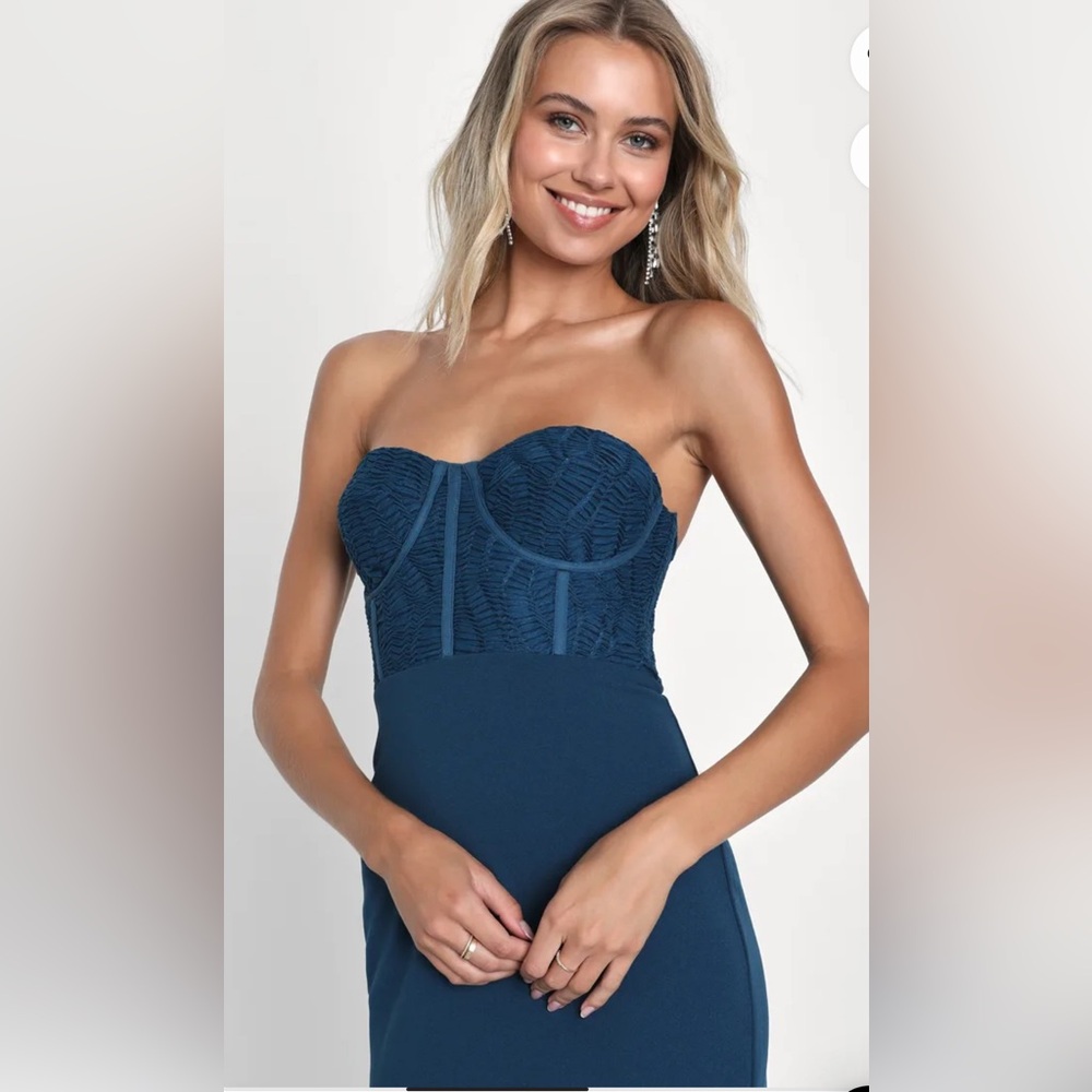 LuLus Passionate Aura Teal Blue Textured Strapless Bustier Midi Dress Large - Picture 3 of 9